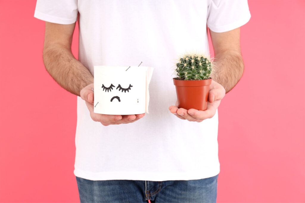 man holds toilet paper cactus pink background hemorrhoids concept